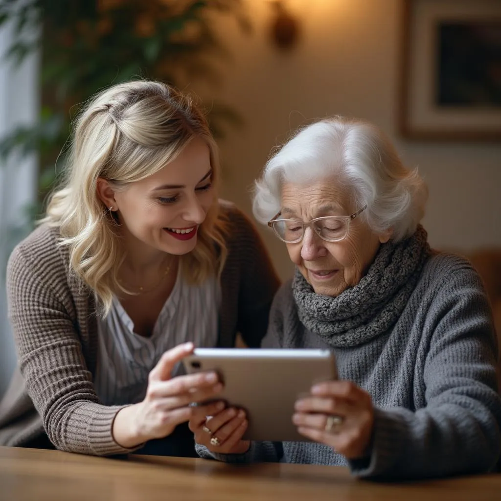 Lektor vysvětluje starší ženě, jak používat tablet