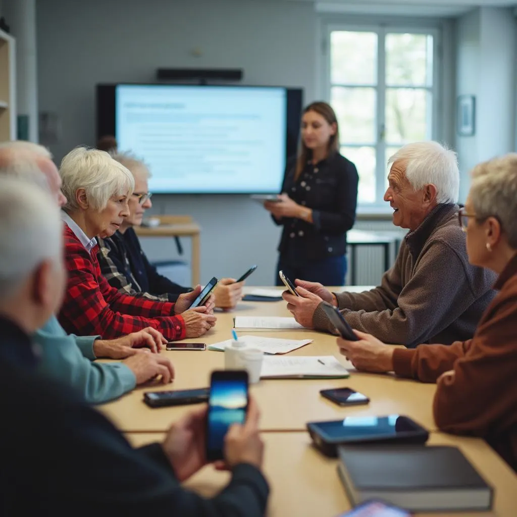 Skupina seniorů na workshopu s chytrými telefony